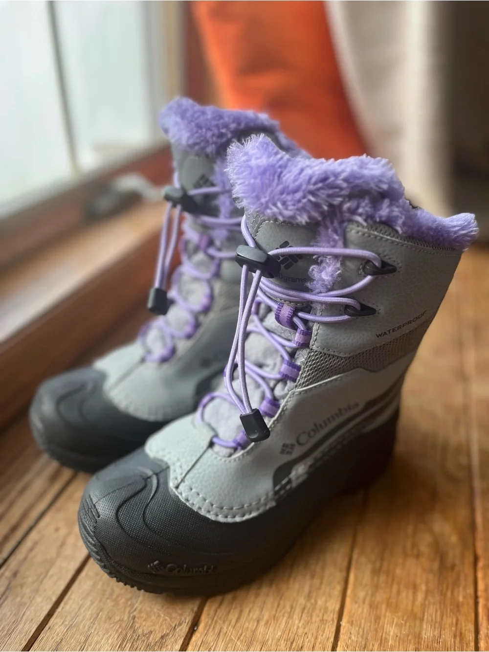 Kids Waterproof Snow Boots in Gray with Lavender Fur Trim